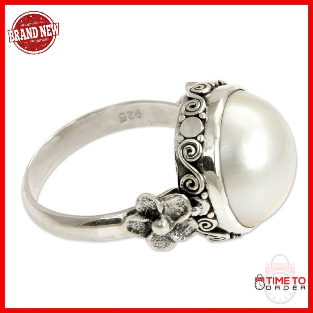 Sterling Silver Pearl Ring Size 5, Handcrafted Bridal Moon Design - Picture 1 of 7